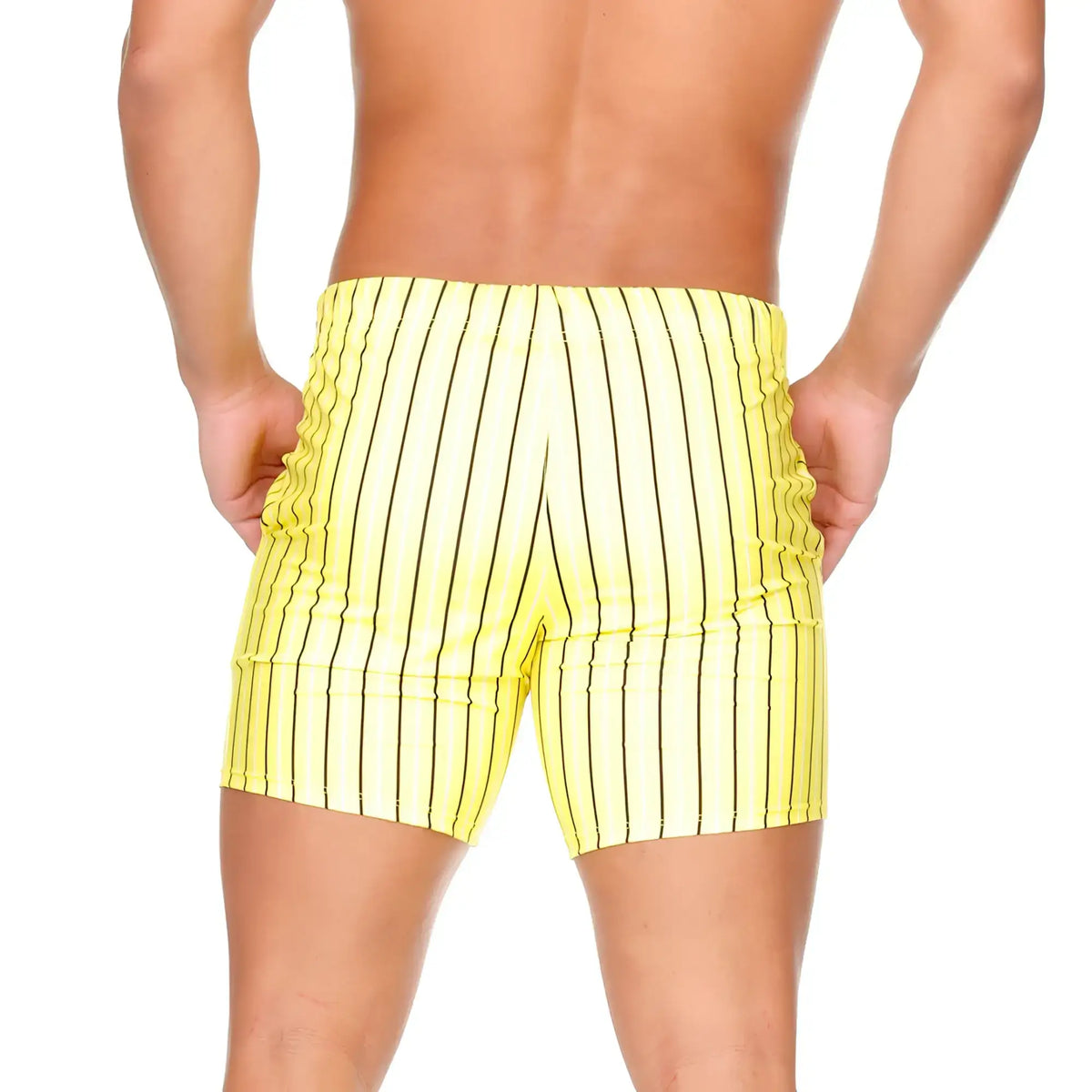 Bright yellow swim trunks with bold black vertical stripes from gigo sultan yellow beachwear collection