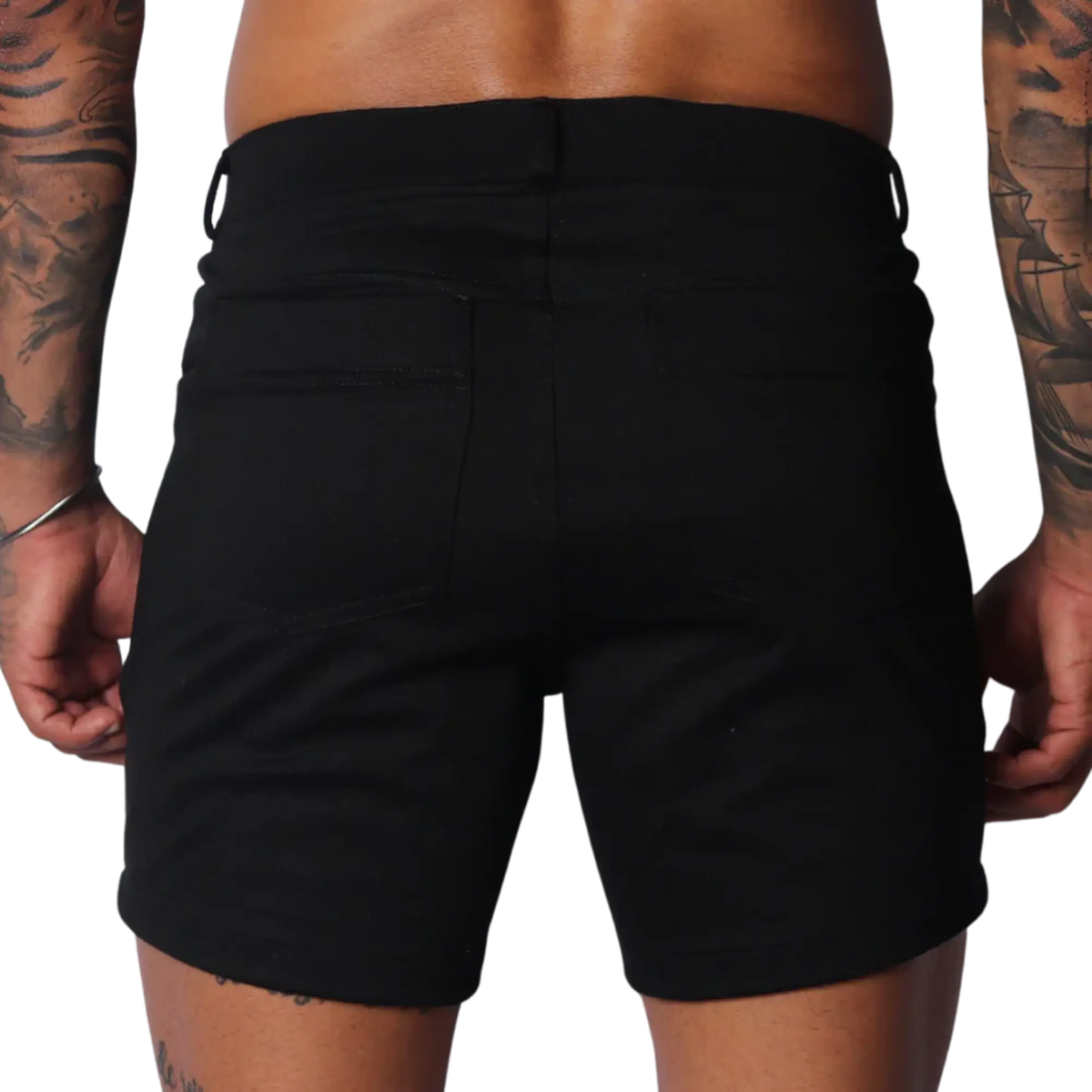 Form-fitting black denim shorts featuring a classic five-pocket design, belt loops, and a clean, minimalist back.