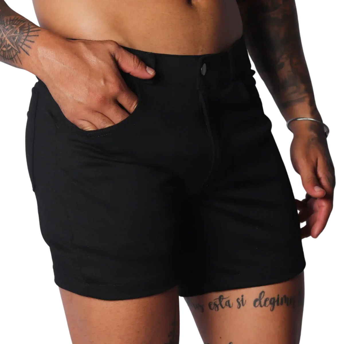 Fitted black denim-style shorts with a button closure, front pockets, and a clean, minimalist design.