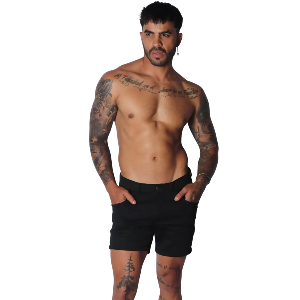 Form-fitting black short-length casual shorts with a flat front, button closure, and side pockets.