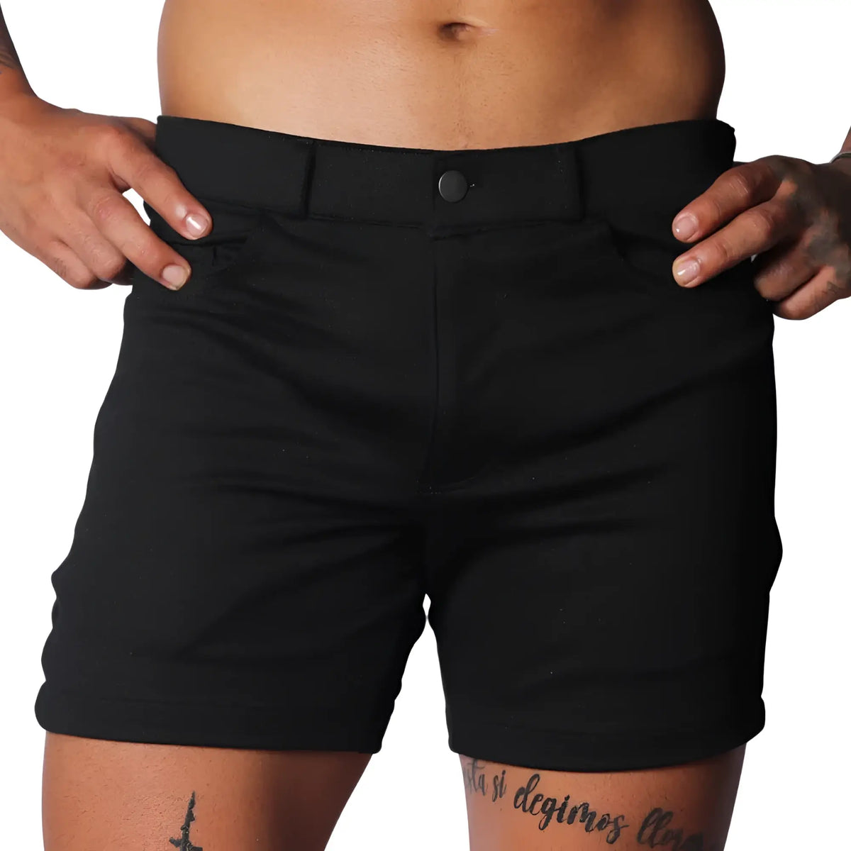 Slim-fit black shorts in a smooth, durable fabric with belt loops, a single button closure, and front pockets.