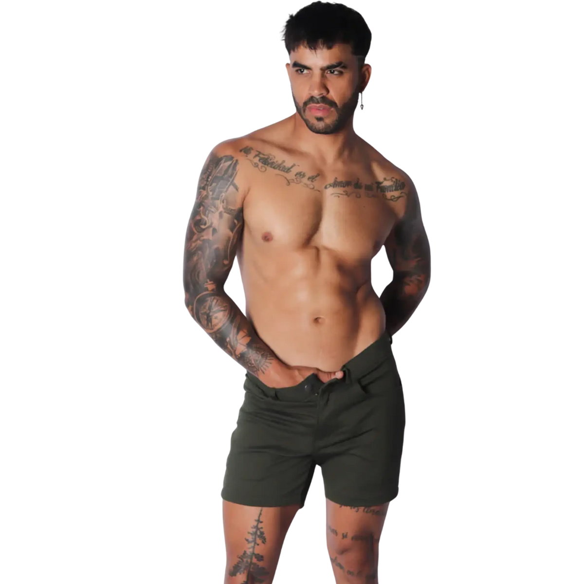 Slim-fit forest green cotton shorts featuring a mid-thigh length, button fly, and classic five-pocket design.