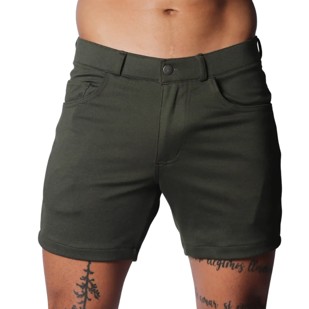 Dark olive green fitted shorts with belt loops, front pockets, and a button fly closure.