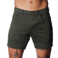Dark olive green fitted shorts with belt loops, front pockets, and a button fly closure.