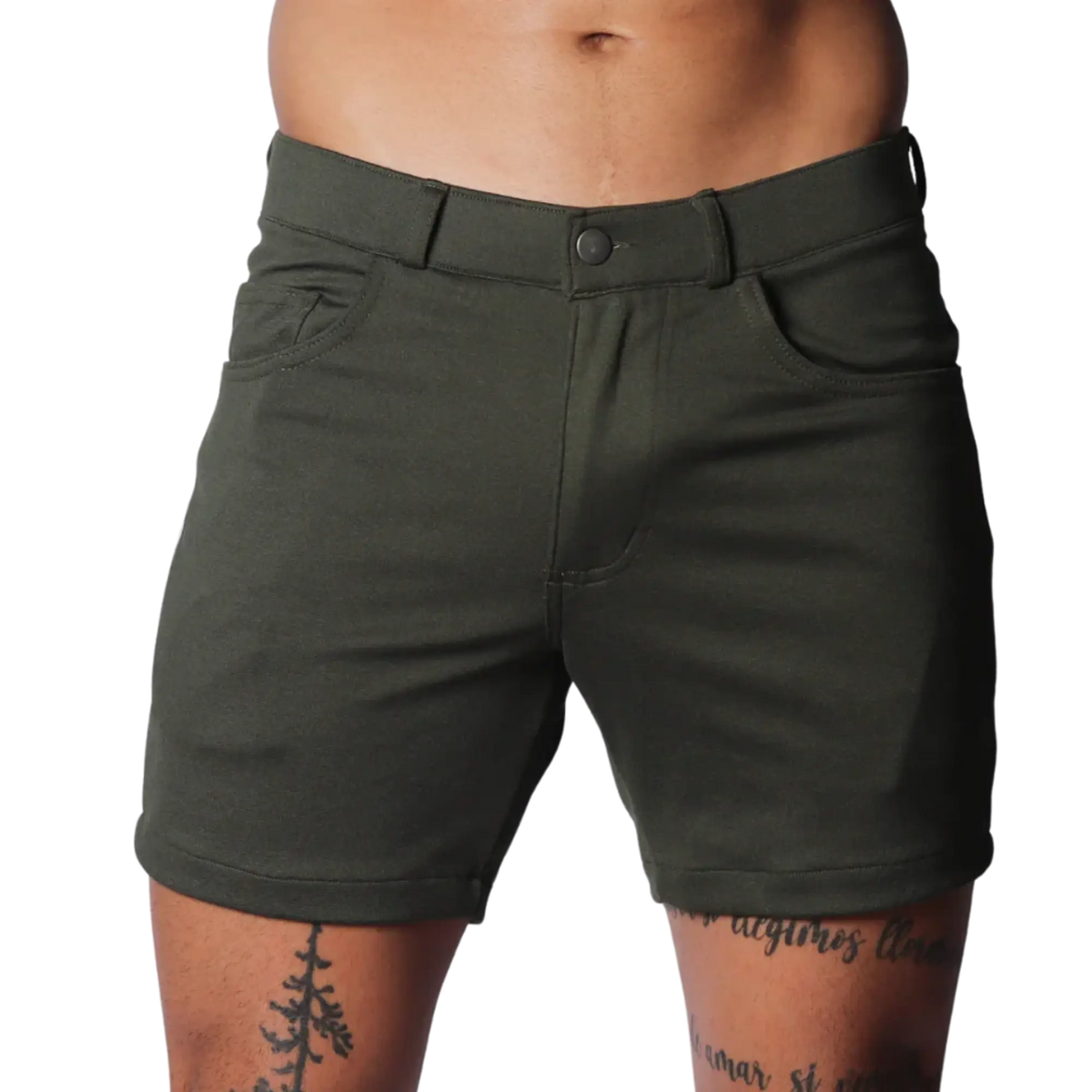 Dark olive green fitted shorts with belt loops, front pockets, and a button fly closure.