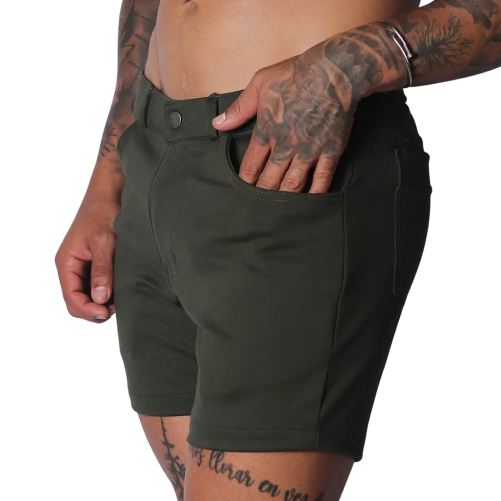 Forest green, slim-fit shorts in a matte stretch fabric with a button closure and classic five-pocket construction.
