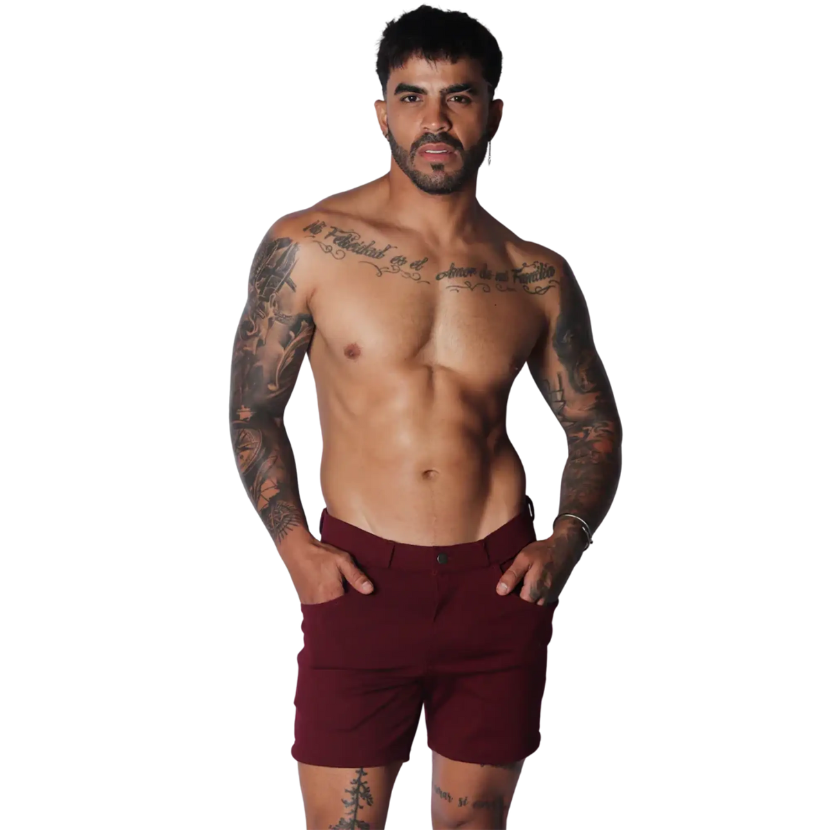 Wine-coloured tailored shorts featuring a flat front, button closure, and slim-fit silhouette.
