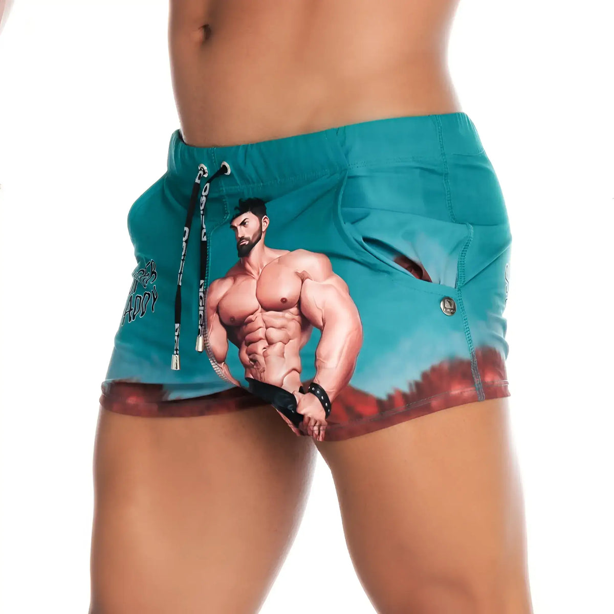Teal Gigo Super Daddy Blue Beachwear athletic shorts with a muscular man graphic and scenic backdrop design