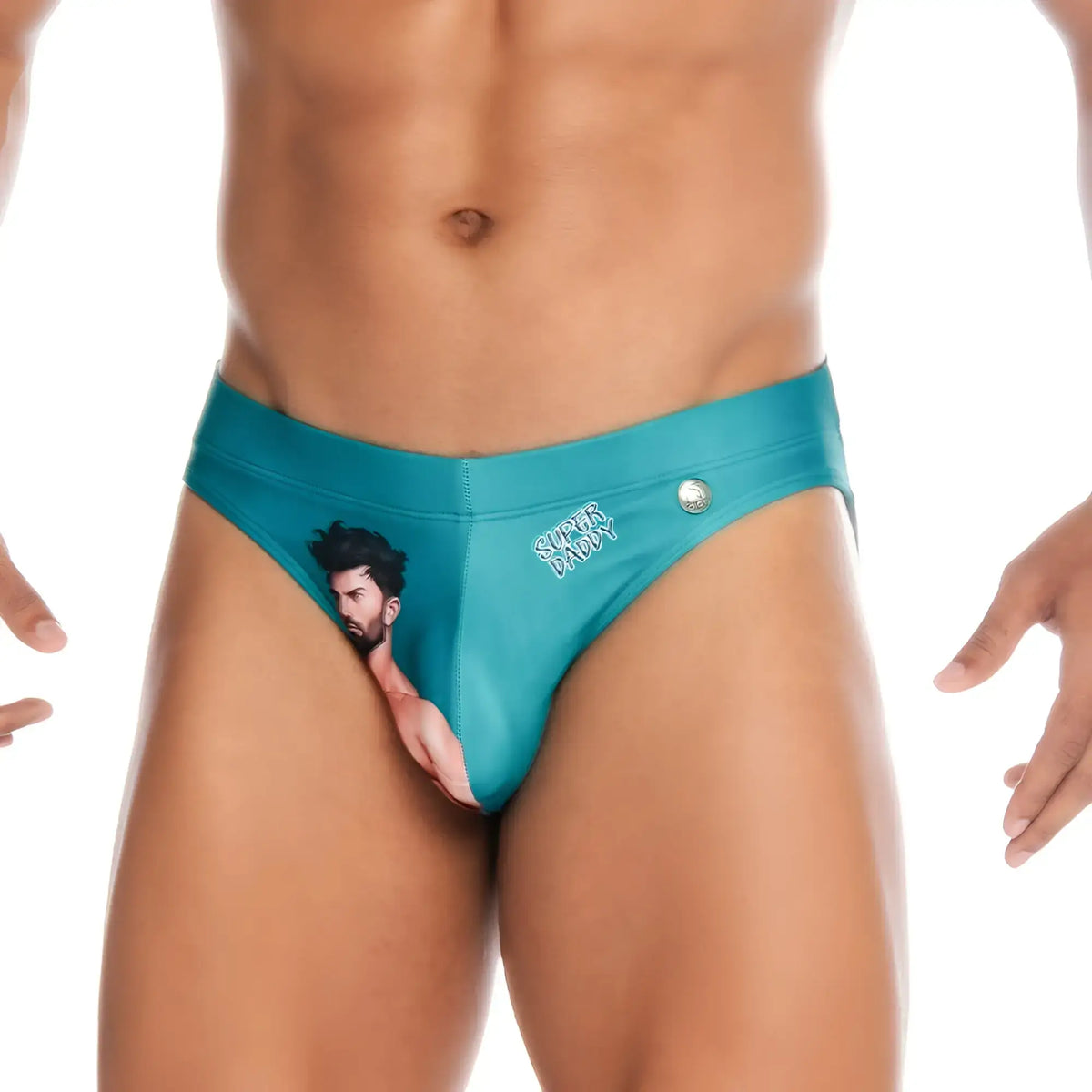 Teal gigo super daddy blue swim brief featuring a bearded man graphic and super daddy text on the side