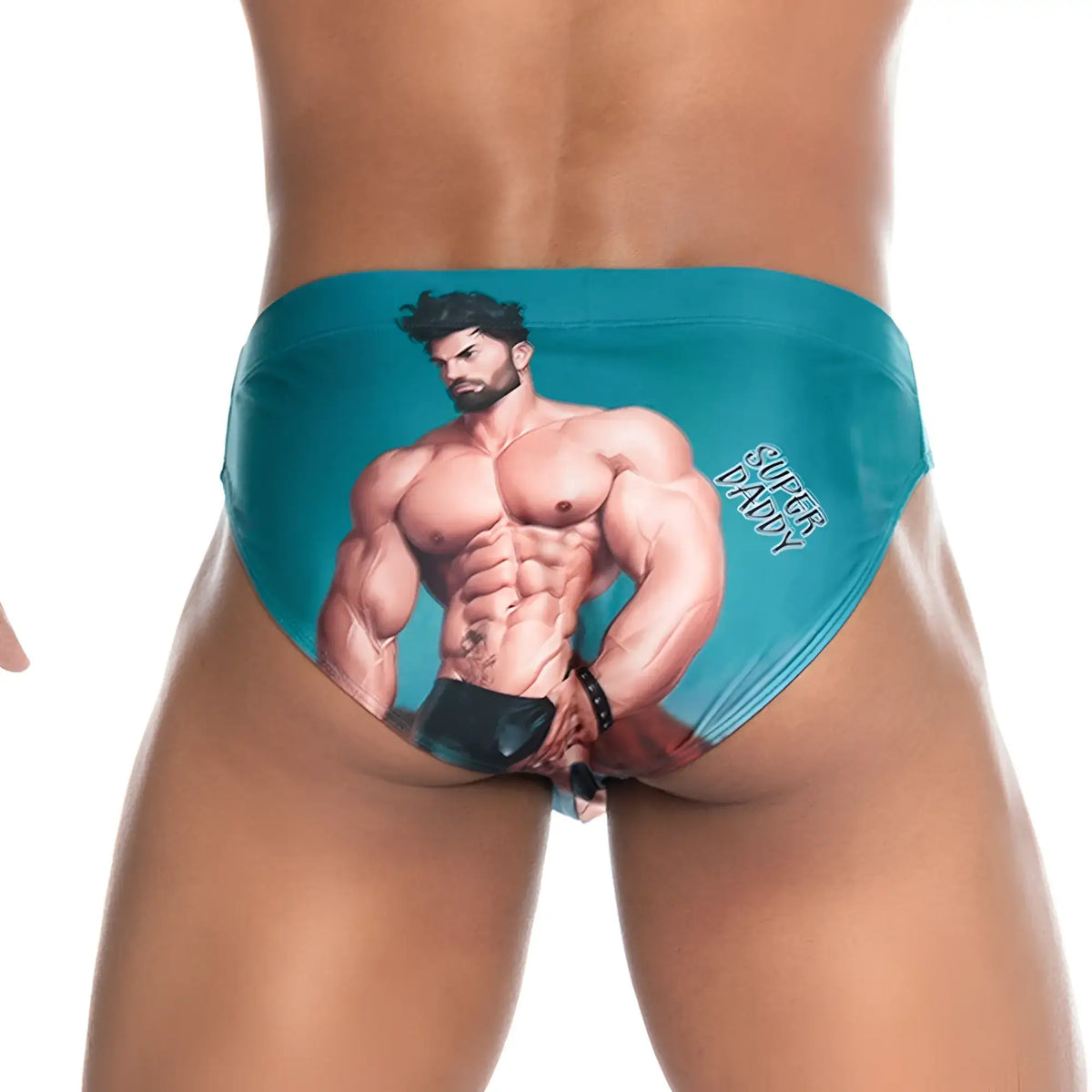Teal gigo super daddy blue swim brief featuring a printed muscular man illustration and super daddy text on the side