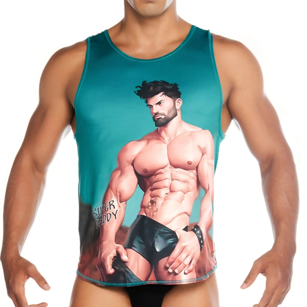 Teal Gigo Super Daddy Blue tank top featuring a muscular man illustration with black shorts and super daddy text on arm