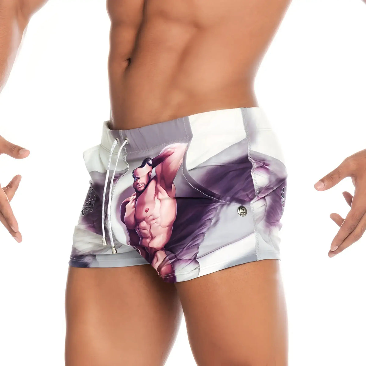 White and purple graphic swim trunks with a muscular male figure design from gigo super daddy brown beachwear