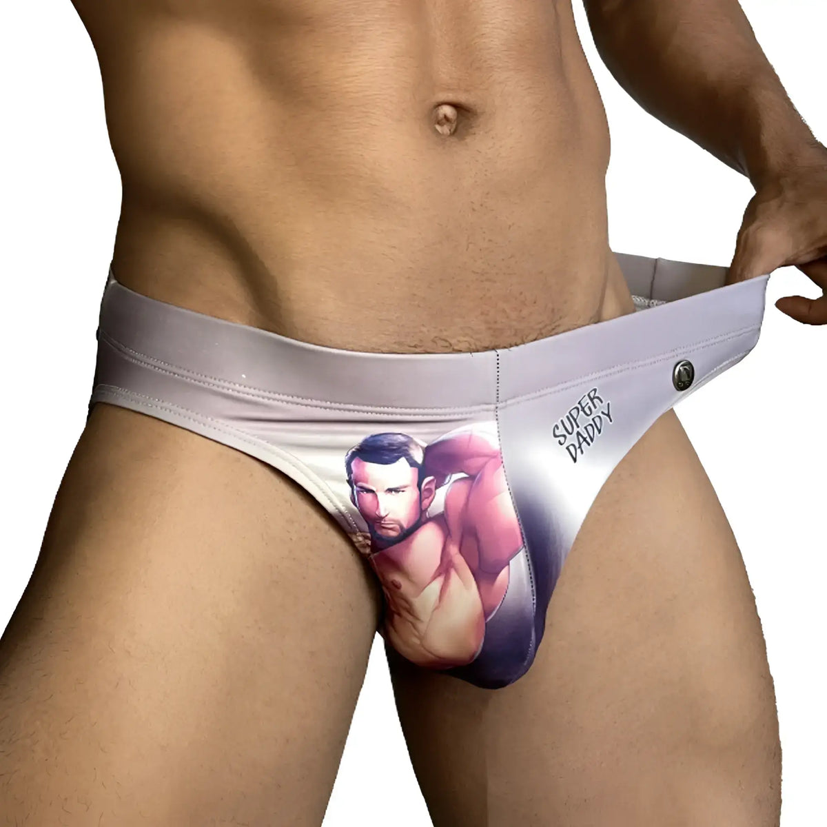 Light gray form-fitting thong swim brief with super daddy graphic and muscular man print from Gigo Super Daddy Brown line