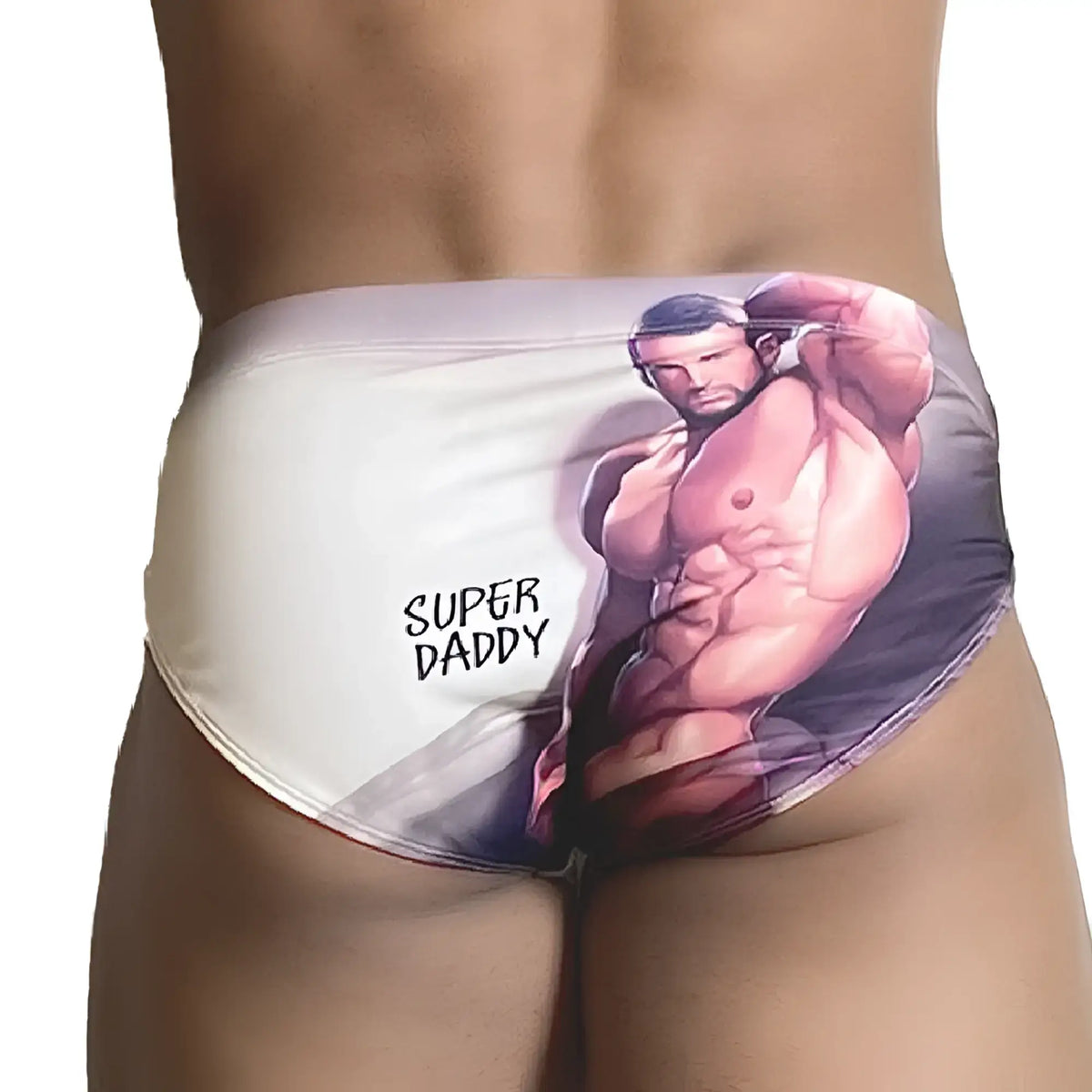 White swim trunks with a printed muscular man and super daddy text on the side from gigo super daddy brief
