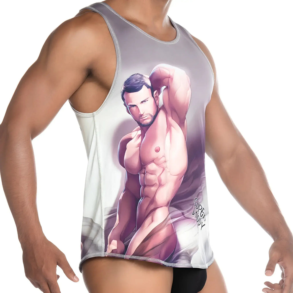 Gray athletic tank top gigo super daddy brown tank with detailed muscular male anime graphic in purple and pink tones