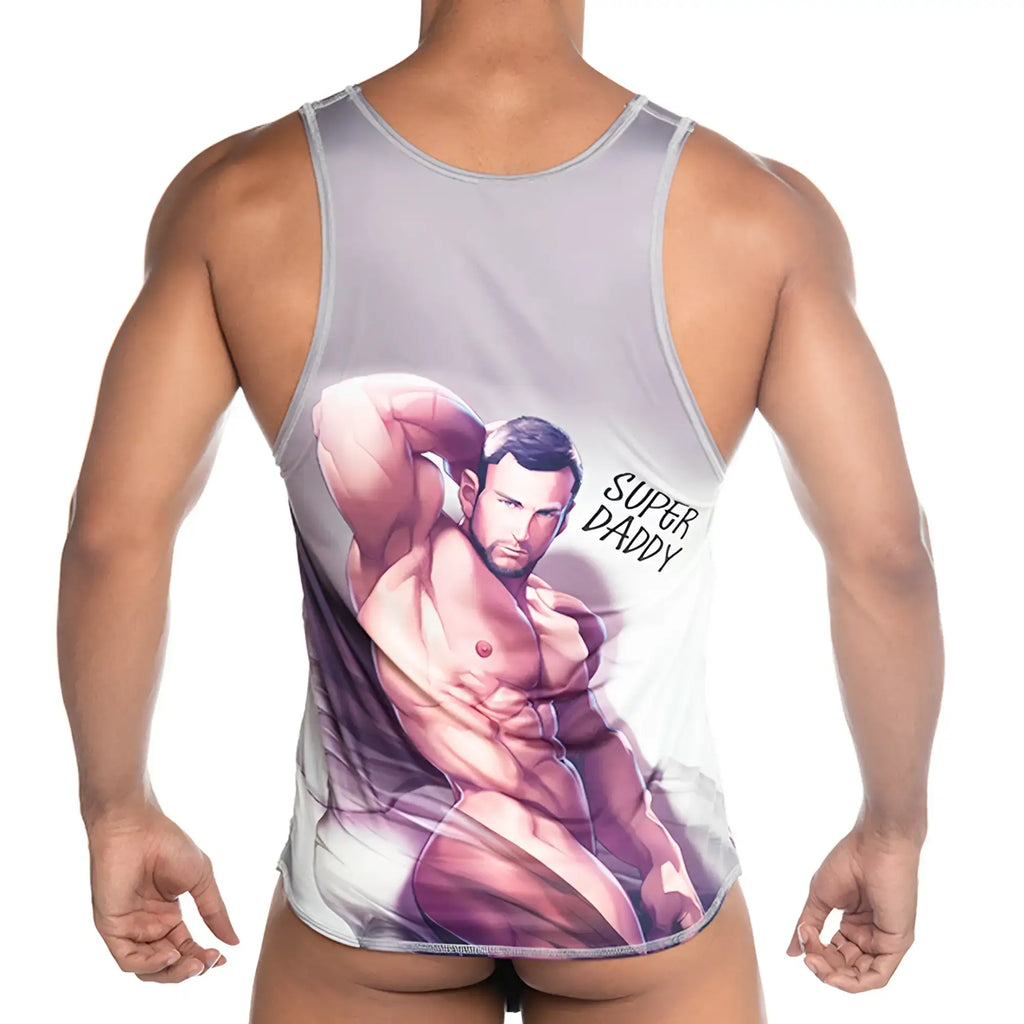 Gray and white gigo super daddy brown tank top with a purple muscular man graphic on a sleeveless cotton fabric