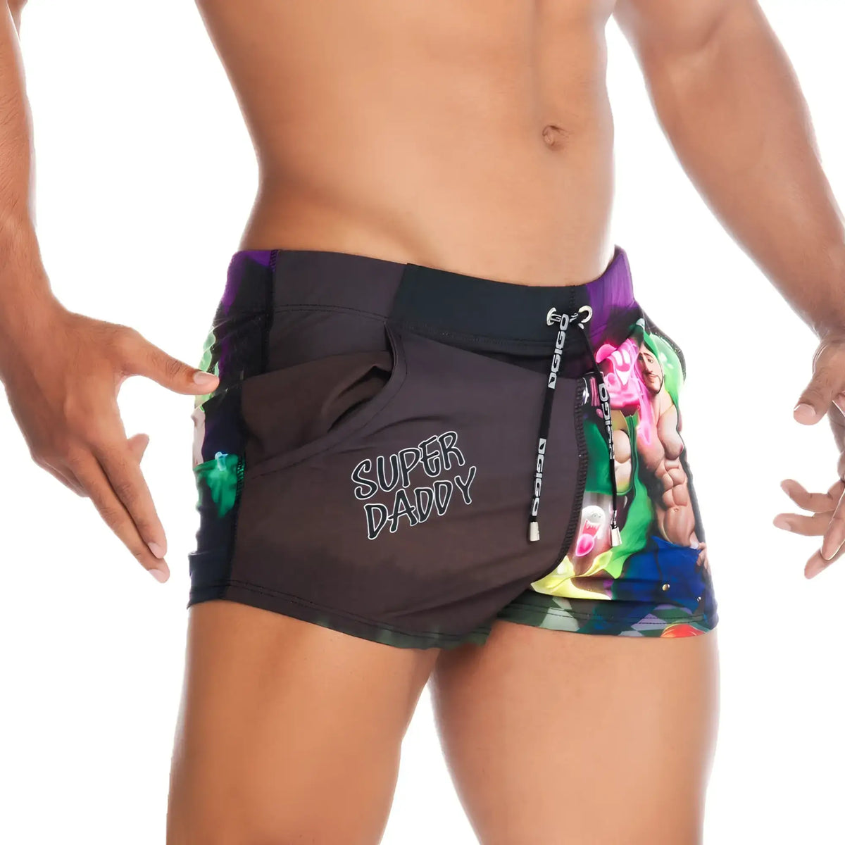 Black gigo super daddy purple beachwear swim trunks with vibrant graphic print of muscular figure and bold white text