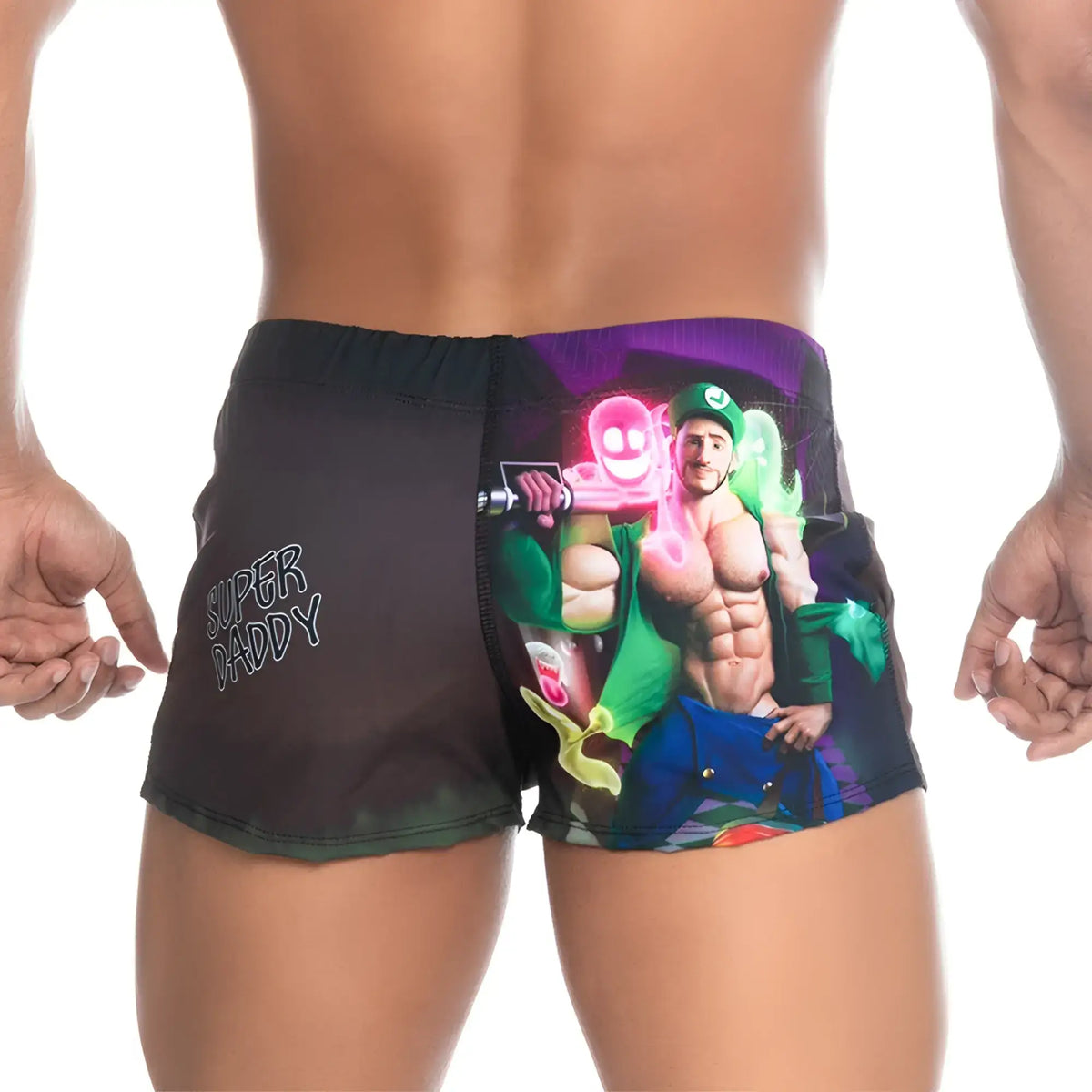 Black swim trunks from Gigo Super Daddy Purple Beachwear featuring a colourful graphic of a muscular man in green Luigi attire