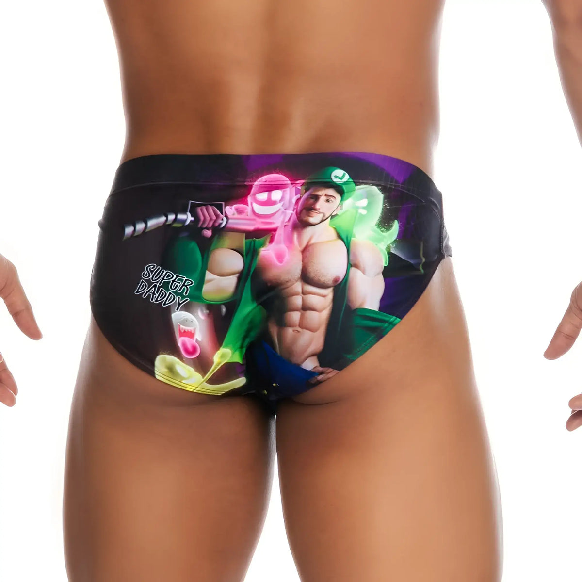 Black gigo super daddy purple swim brief featuring vibrant graphic of muscular man with pink weapon and text super daddy