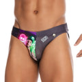 Dark gray gigo super daddy purple swim brief with neon graphic man and white super daddy script on the side