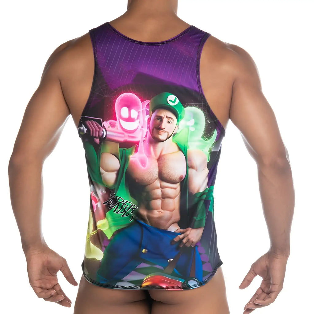 Gigo Super Daddy purple tank top with green graphic featuring muscular man in Luigi costume and glowing pink and green ghosts