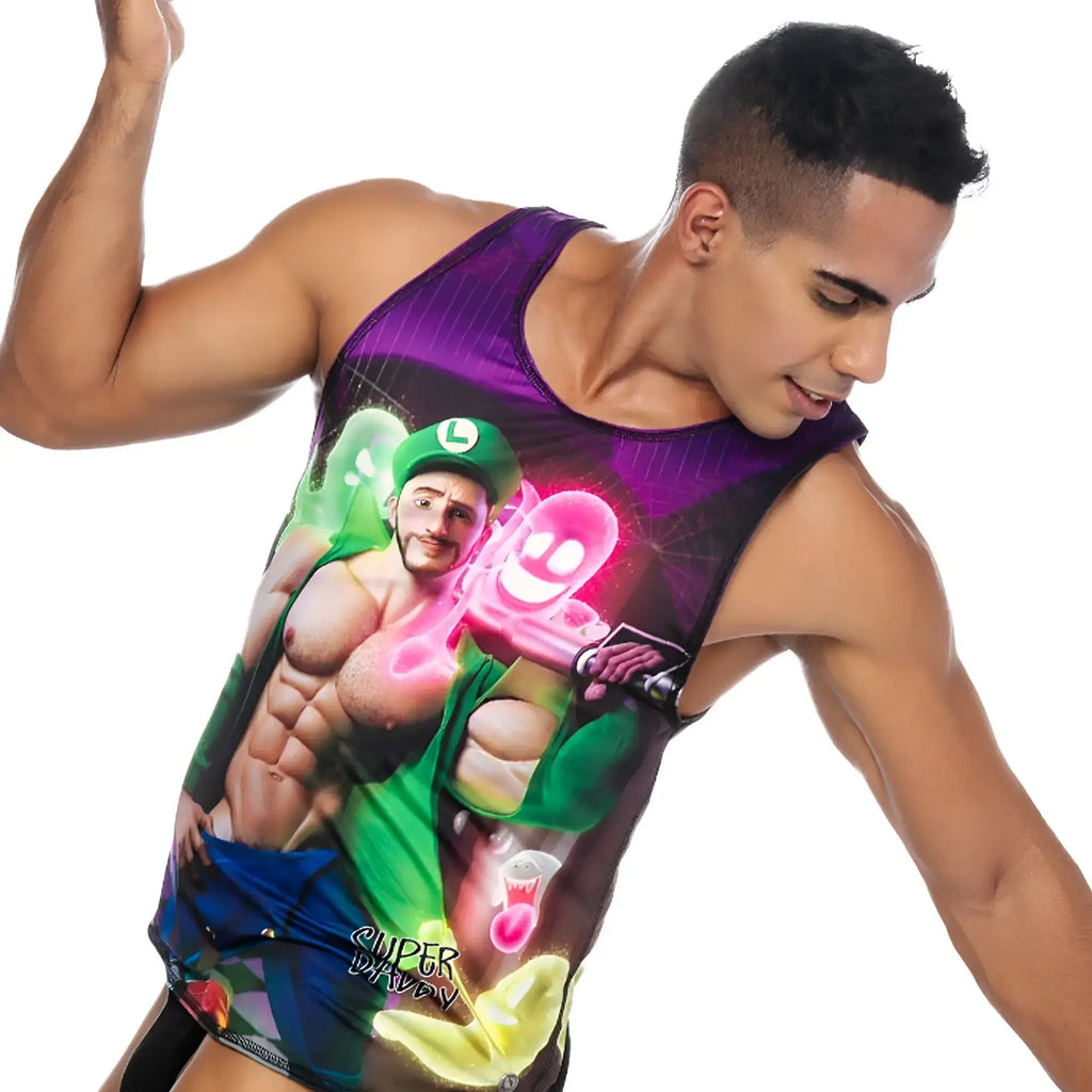 Purple and green graphic tank top featuring muscular luigi with glowing pink weapons in gigo super daddy purple tank
