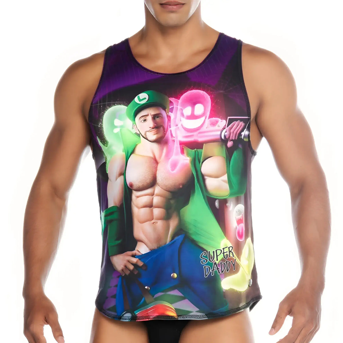 Gigo super daddy purple tank top with vibrant muscle-toned luigi graphic and neon accents featuring super daddy text