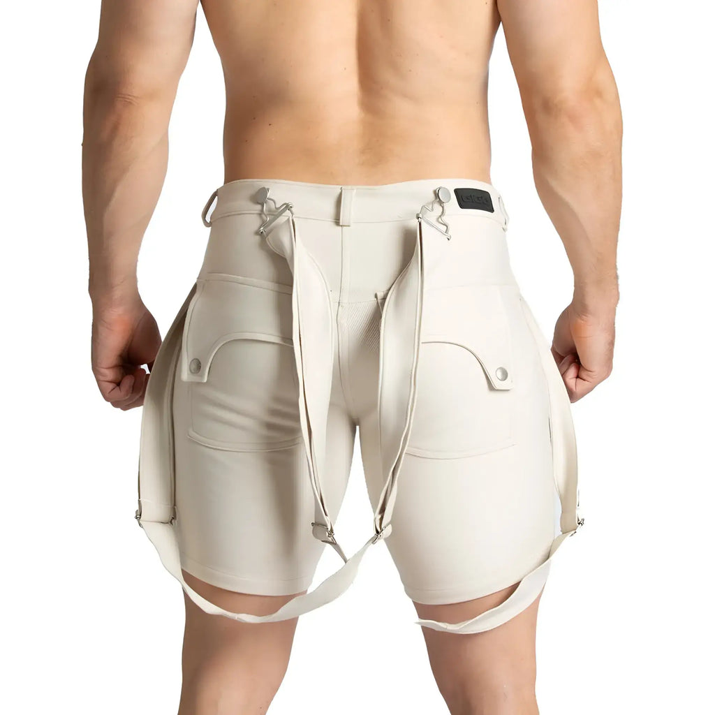 Beige gigo suspenders tactical shorts with adjustable side straps and flap pockets for outdoor use