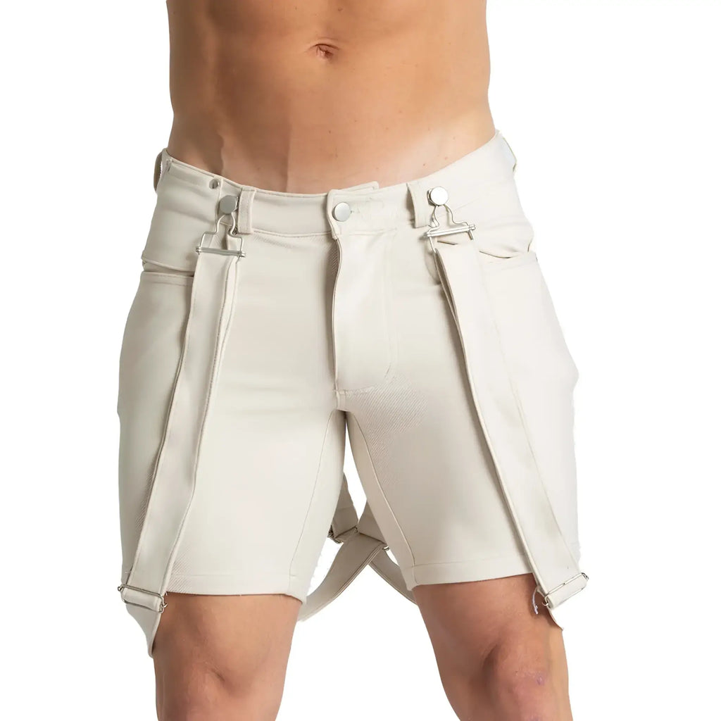 Cream-coloured leather gigo suspenders beige shorts with silver-toned metal buckles and straps front view