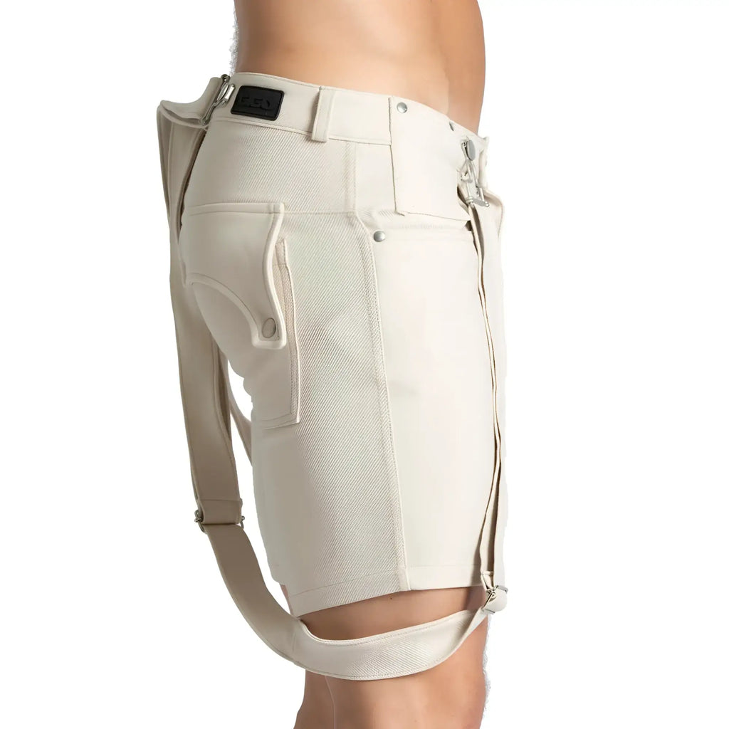 Beige gigo suspenders short made of textured fabric with side pockets and adjustable straps for practical wear