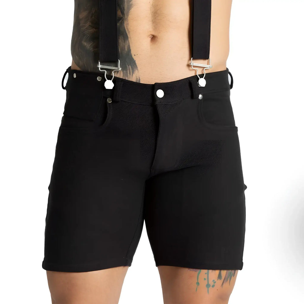 Black denim shorts with silver-toned suspenders and white button closures from Gigo Suspenders black short collection