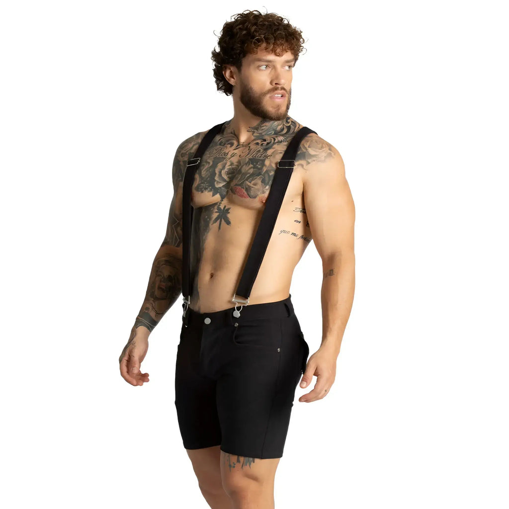 Black gigo suspenders short with silver-toned metal clasps and adjustable straps in durable fabric material