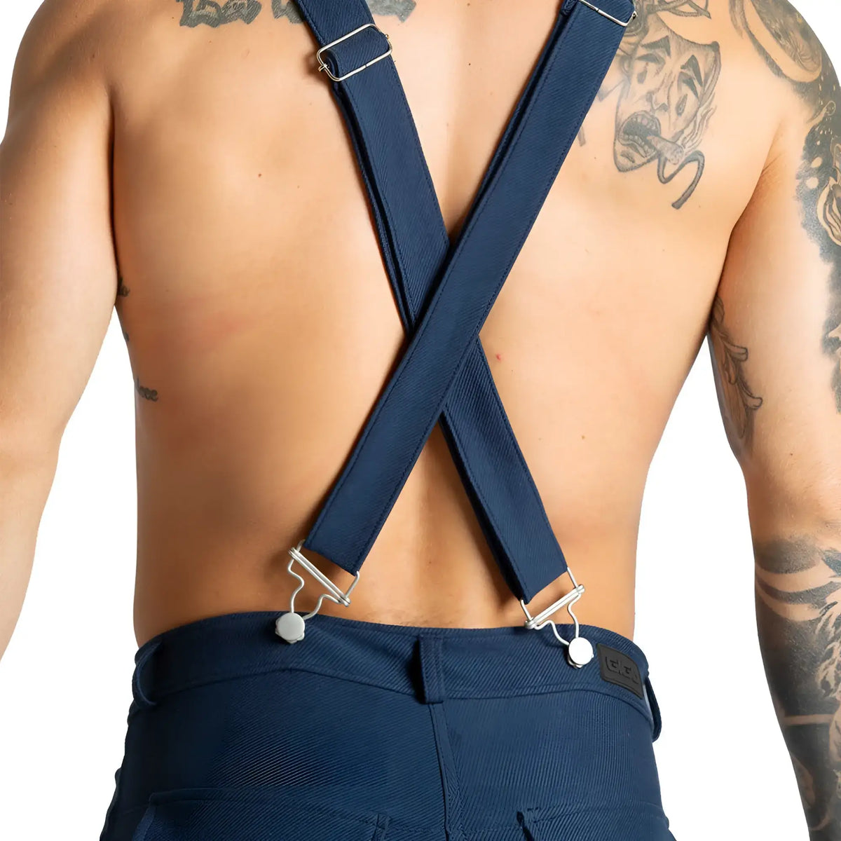 Navy blue cross-back Gigo Suspenders blue short with silver metal clasps and adjustable buckles shown from the back side