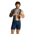 Navy blue gigo suspenders short with silver-toned clasps and adjustable straps for a secure fit