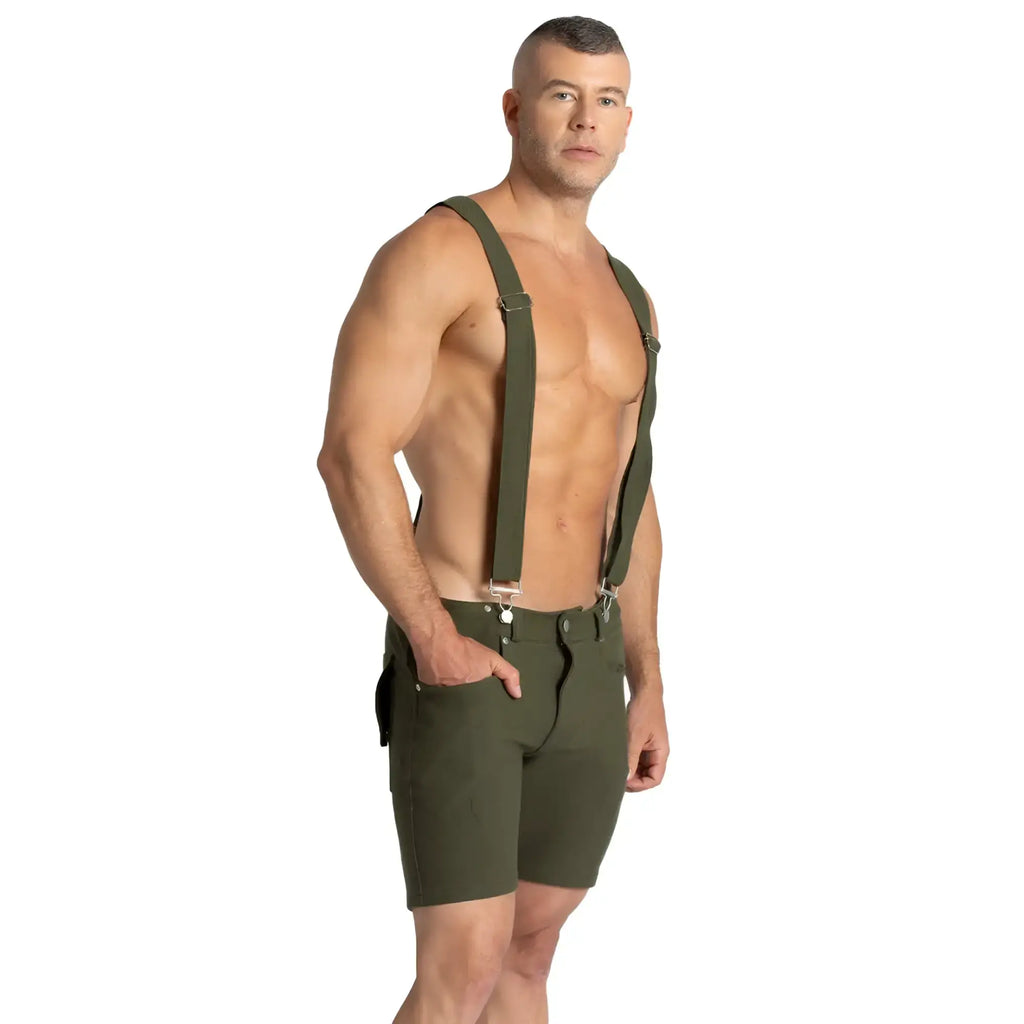 Olive green fabric shorts with matching gigo suspenders featuring silver toned metal clasps for stylish wear