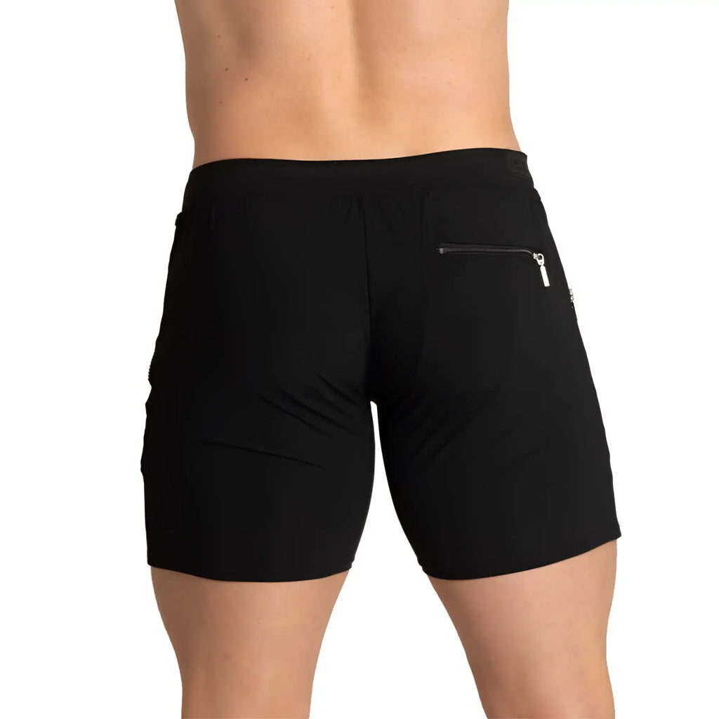 Gigo Tennis black athletic shorts with elastic waistband and zippered side pocket for secure storage
