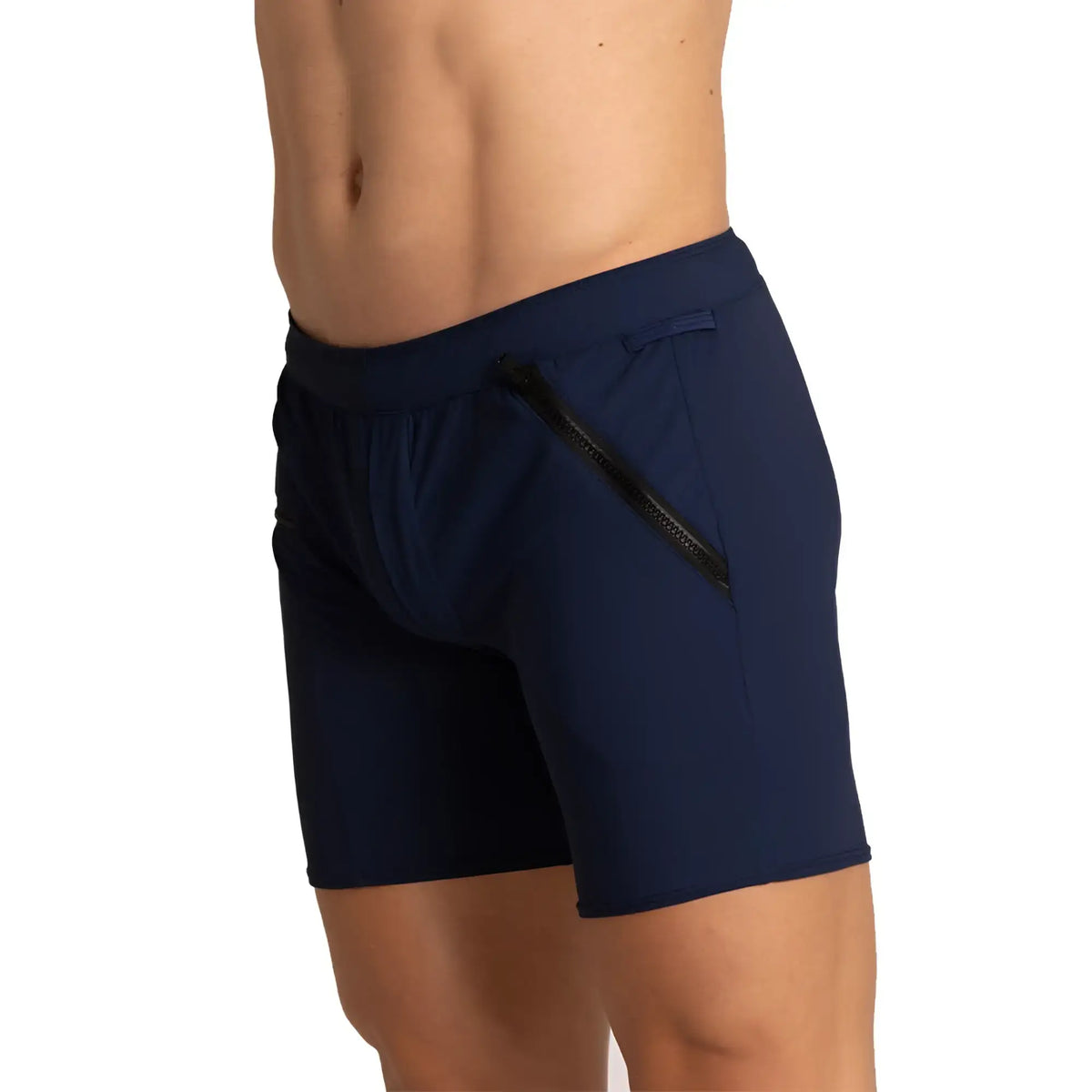 Navy blue gigo tennis short with black side zipper pocket designed for athletic performance and comfort