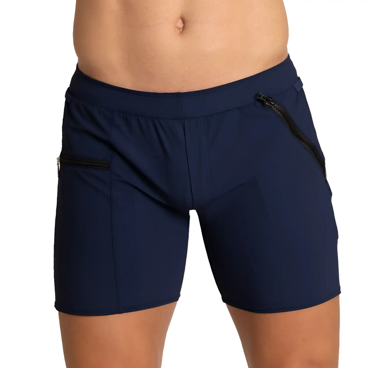 Navy blue gigo tennis shorts with black zipper pockets designed for athletic performance and comfort
