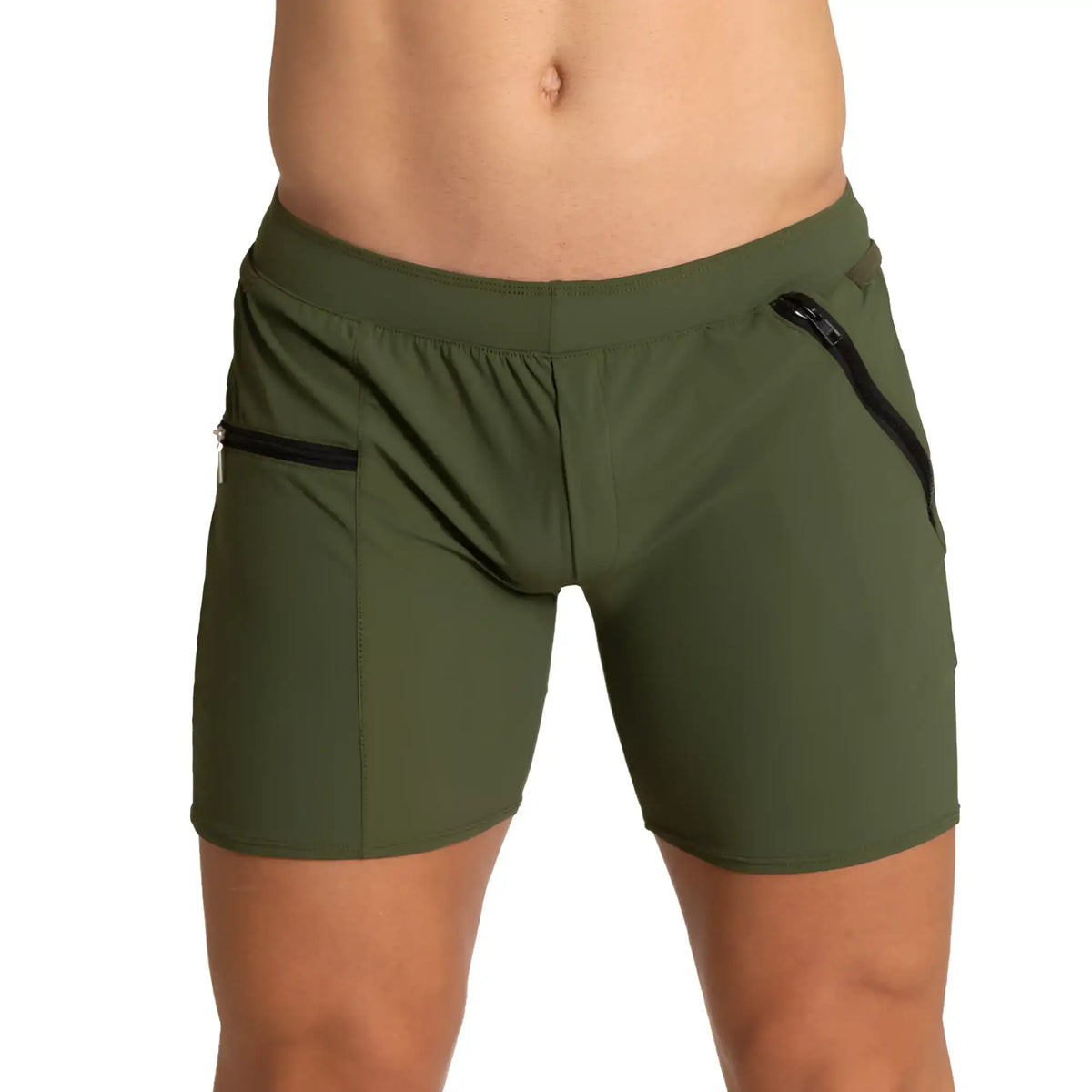 Olive green gigo tennis shorts with black zipper pockets designed for athletic performance and comfort