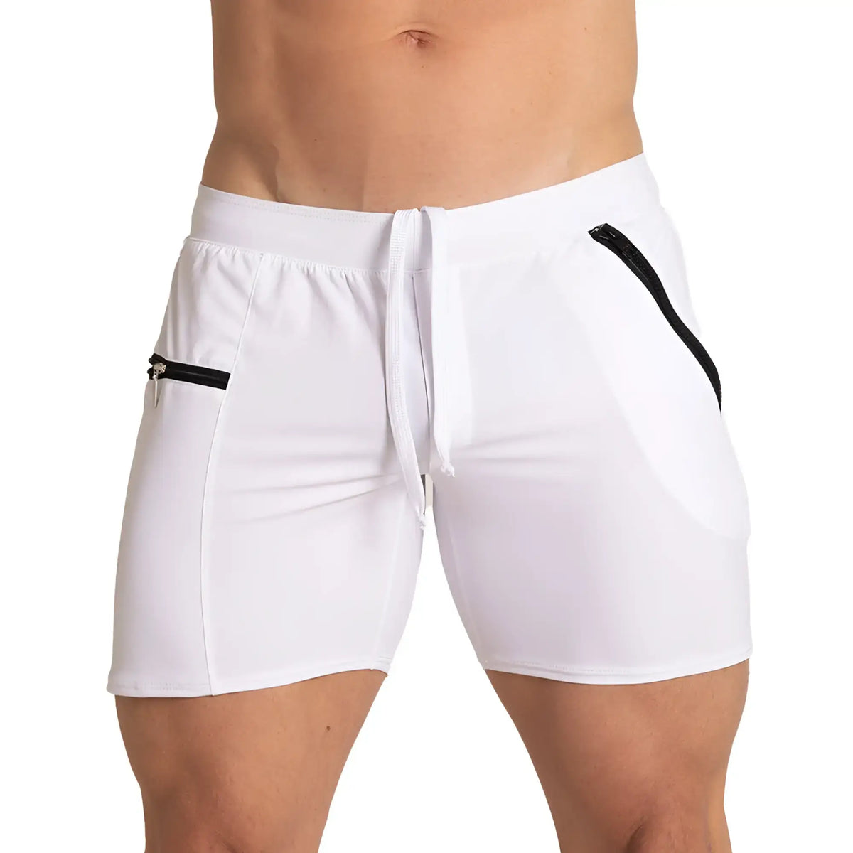Gigo tennis white shorts with black zipper accents and drawstring waistband for athletic use