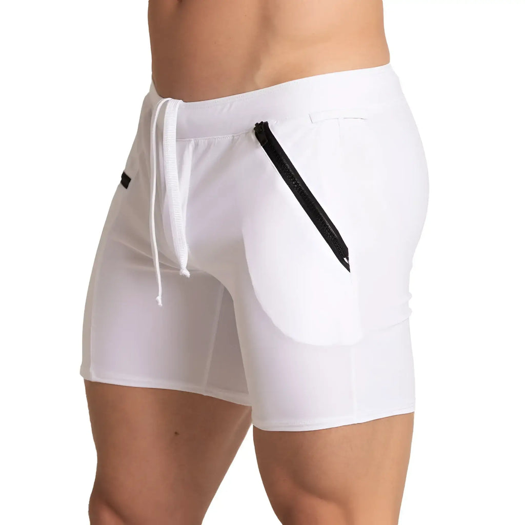 White gigo tennis short with black zipper pocket and matching drawstring waistband in breathable athletic fabric