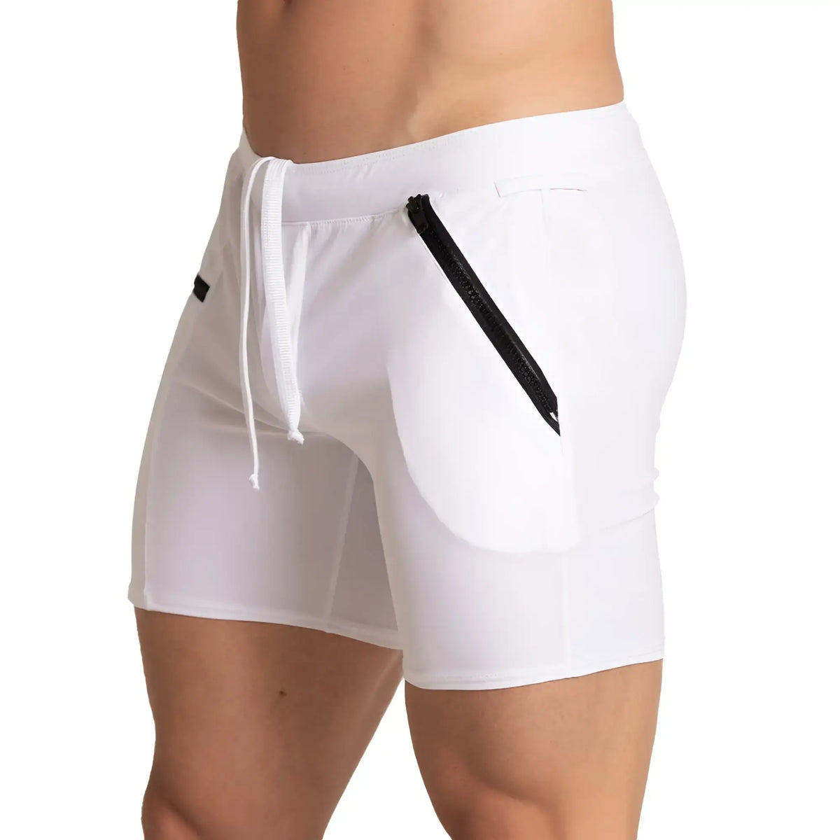White gigo tennis short with black zipper pocket and matching drawstring waistband in breathable athletic fabric