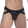 Black mesh thong with wide crossed waistband and central snap closure from gigo thrust black jockstrap product