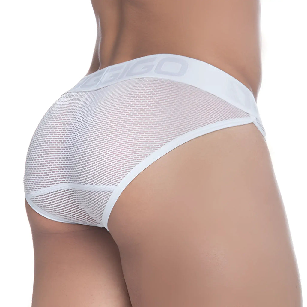 Gigo thrust white brief white mesh briefs with solid white waistband and gray logo brand name lettering