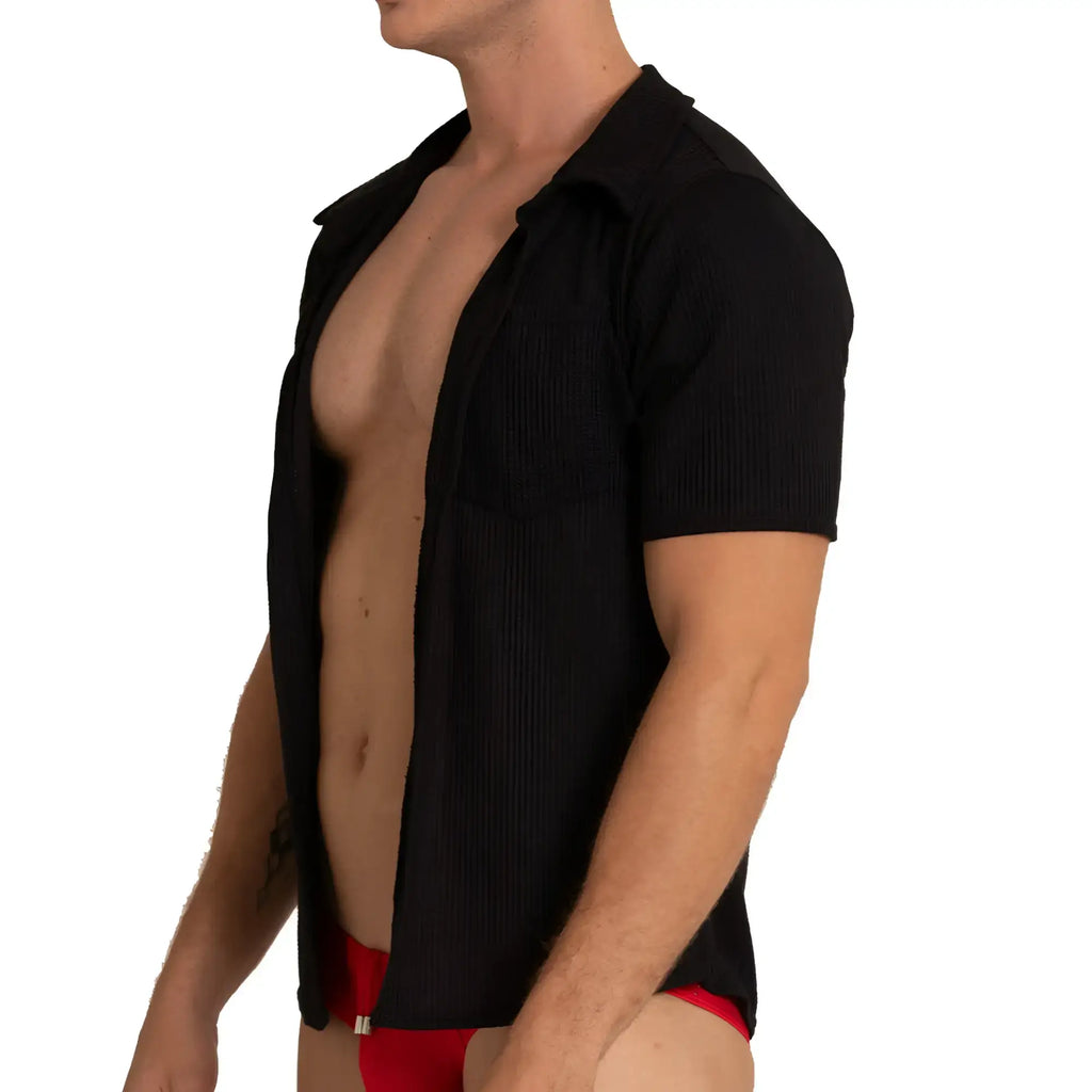 Black ribbed short sleeve shirt with collar made of tissue fabric in gigo tissue black shirt style
