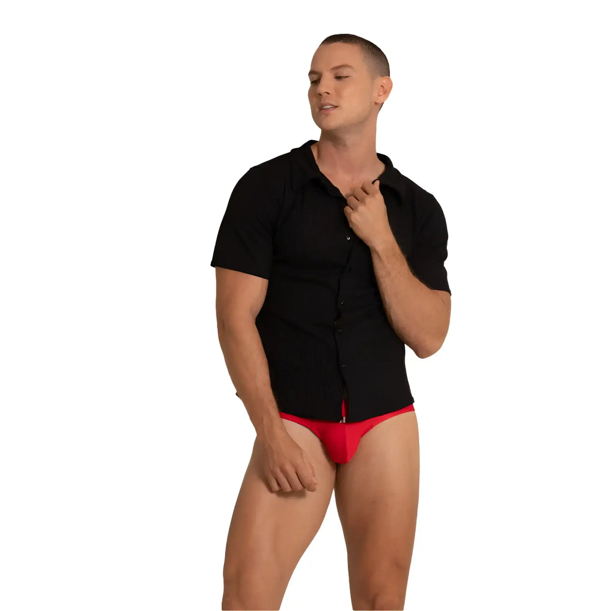 Black short-sleeved button-up gigo tissue shirt with red underwear visible underneath for casual wear