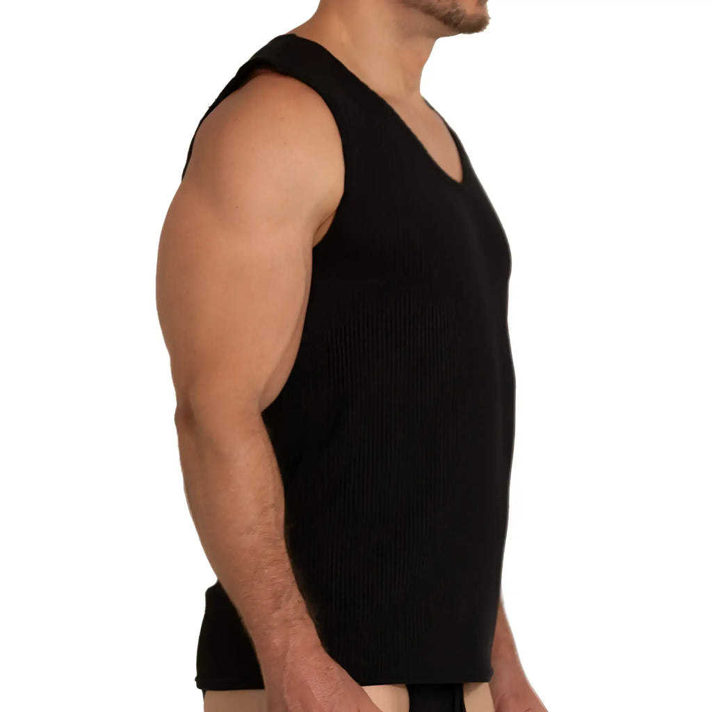 Black sleeveless tank top with v-neckline made from lightweight tissue fabric from gigo tissue black tank collection
