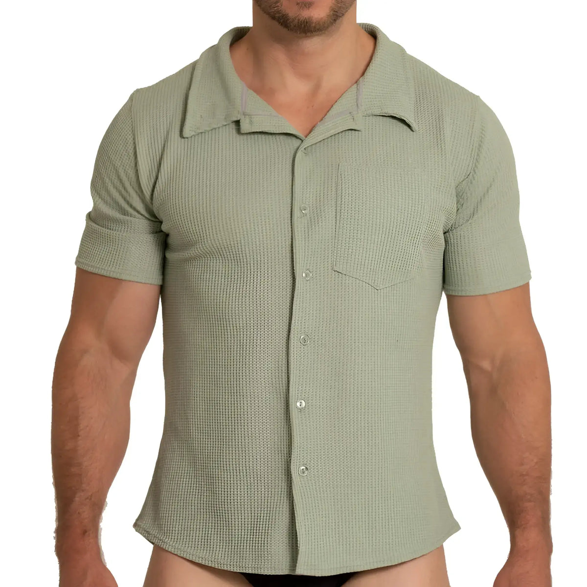 A menÃ¢â‚¬â„¢s short-sleeved button-up gigo tissue green shirt in textured light sage green fabric with classic collar