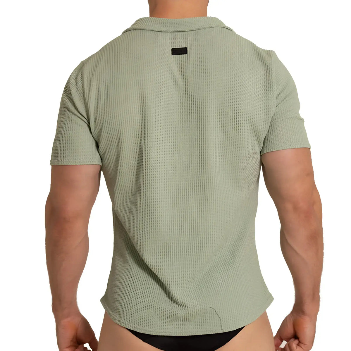 A menÃ¢â‚¬â„¢s short-sleeved polo shirt in textured light sage green fabric with ribbed pattern and black collar tag back view