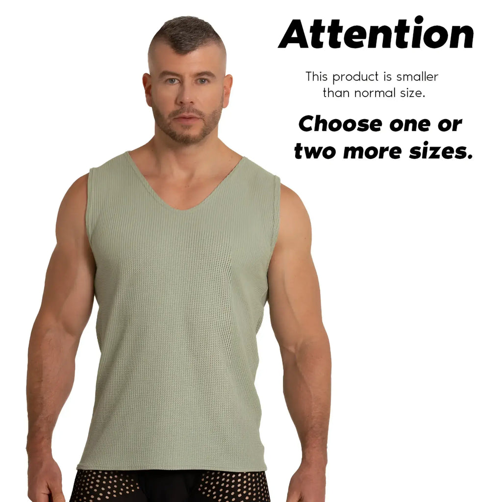 A menÃ¢â‚¬â„¢s olive green ribbed knit sleeveless tank top from Gigo Tissue Green Tank collection